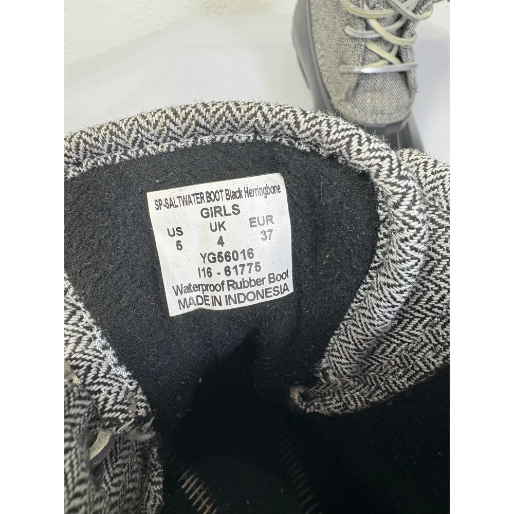 Sperry Black & Grey Herringbone Saltwater Duck Boots Girl Size 5 Rain Snow Fall